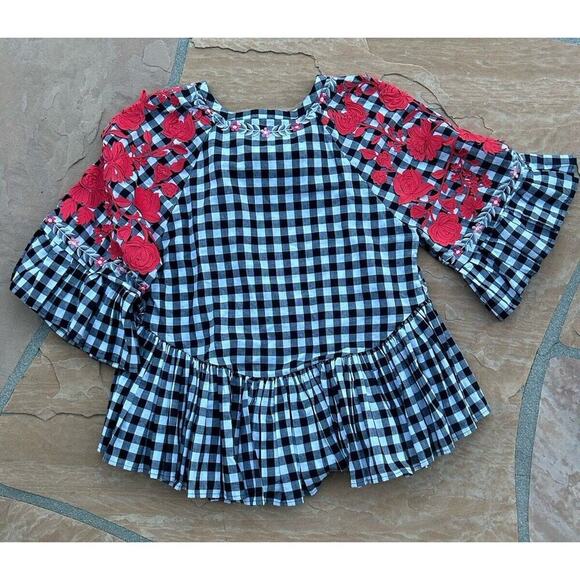 $148 Anthropologie Pankaj Nidhi Gingham Embroidered Top Size Small - Picture 4 of 4